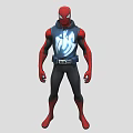 Red And Black Superhero Game Movie Character With Blue Chest Emblem And Tech Inspired Costume