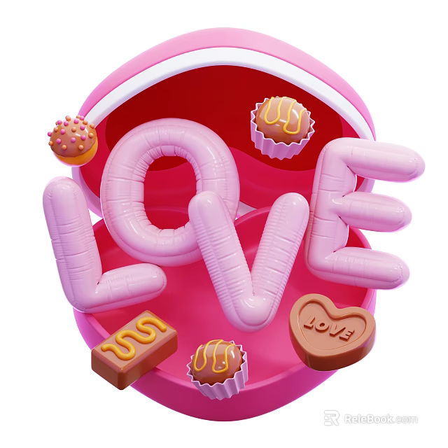 Romantic Decorative Ornament Set With Pink Heart Shaped Box LOVE Letter Decor And Chocolate Elements 3d model 