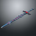 Fantasy Metallic Sword Weapon With Sharp Blade Red Blue Accents And Intricate Hilt Design