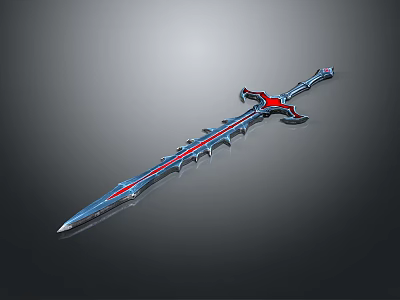 Fantasy Metallic Sword Weapon With Sharp Blade Red Blue Accents And Intricate Hilt Design 3d model