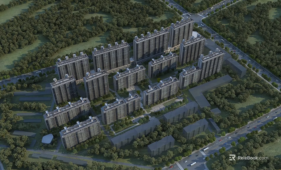 Aerial View Planning of Residential High Rise Buildings with Greenery and Road Layout 3d model 
