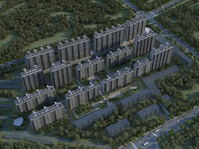 Aerial View Planning of Residential High Rise Buildings with Greenery and Road Layout 3d model