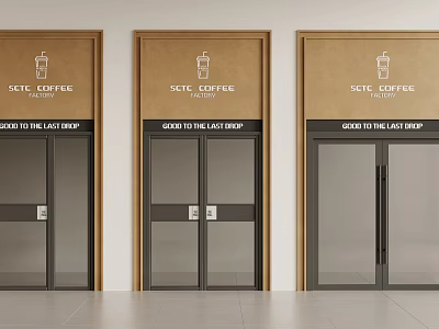 Glass Double Doors For Coffee Shop With Ice Coffee Factory Sign And Last Drop Slogan 3d model