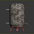 Old Rusty Metal Container With Weathered Surface And Red Supporting Legs