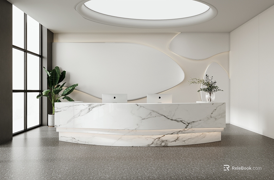 Modern Curved Marble Reception Desk In White Interior With Large Windows And Green Plants 3d model 