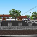Village Public Square With Red Roof Buildings Trees Fitness Equipment Stone Walls And Benches