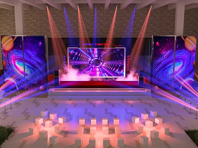 Futuristic Stage Setup With Large LED Screen Colorful Lighting And Cosmic Background 3d model