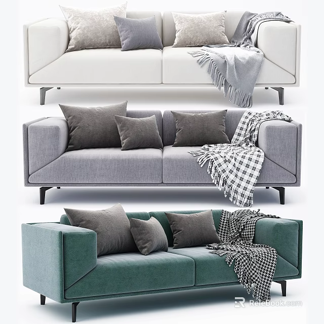 Stylish Two Seater Sofas in White Gray and Green with Plush Pillows and Checkered Blanket 3d model 