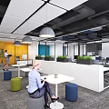 Modern Public Office Area With Open Layout Desks Computers Yellow Blue Walls And Hexagonal Ceiling 3d model