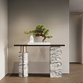 Modern Console Table With Marble Top Bonsai Plant And White Statue In Minimalist Interior