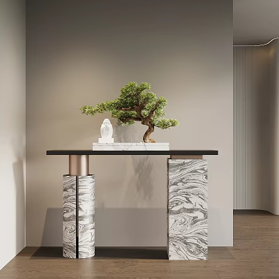 Modern Console Table With Marble Top Bonsai Plant And White Statue In Minimalist Interior 3d model