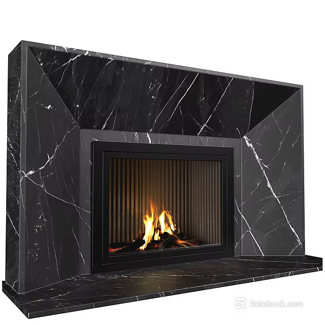 Modern Black Marble Fireplace With Burning Flames And White Veins Interior Decor 3d model 
