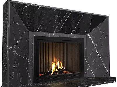 Modern Black Marble Fireplace With Burning Flames And White Veins Interior Decor 3d model