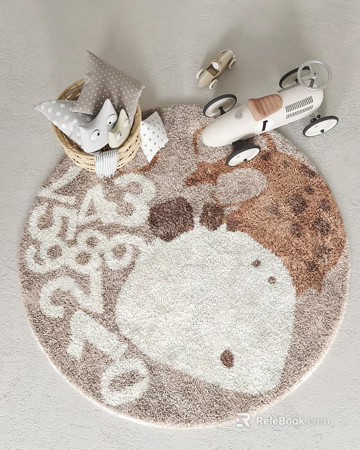 Cute Round Kids Rug with Cartoon Animal Pattern Soft Brown White Colors and Toys 3d model 