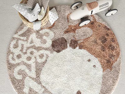 Cute Round Kids Rug with Cartoon Animal Pattern Soft Brown White Colors and Toys 3d model