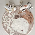 Cute Round Kids Rug with Cartoon Animal Pattern Soft Brown White Colors and Toys