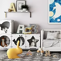 Cozy Kids Room Interior With White Crib Animal Storage And Moon Cat Painting