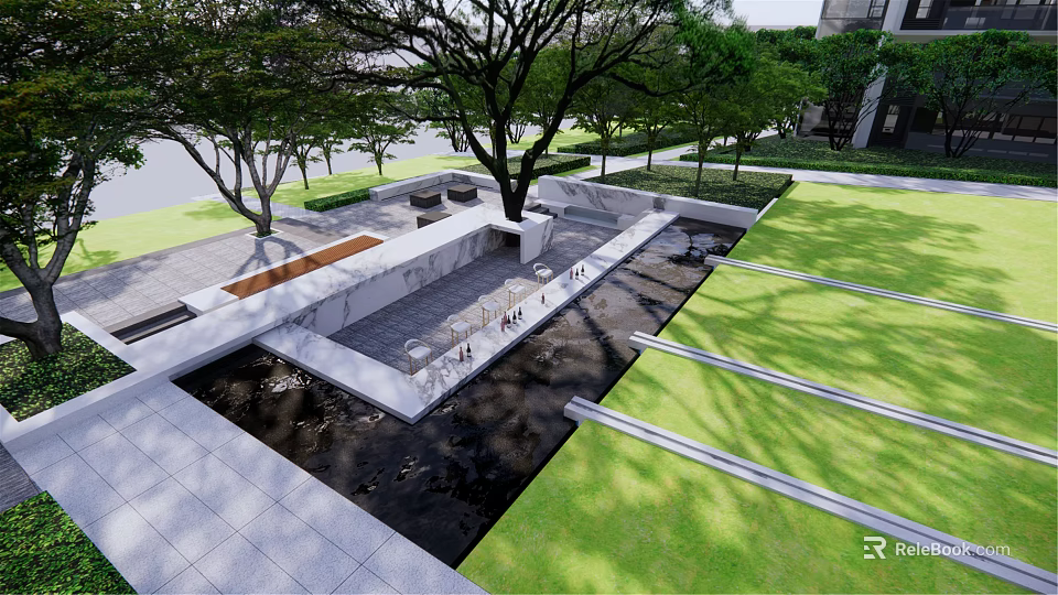 Modern Residential Landscape With Grass Lawn Trees Water Feature And Stone Pathways 3d model 