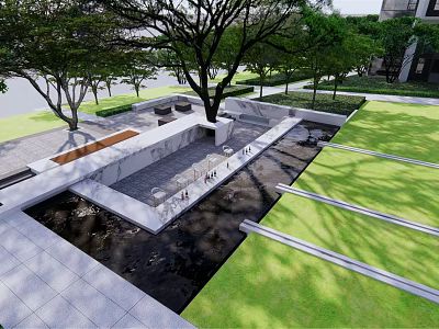 Modern Residential Landscape With Grass Lawn Trees Water Feature And Stone Pathways 3d model
