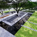 Modern Residential Landscape With Grass Lawn Trees Water Feature And Stone Pathways