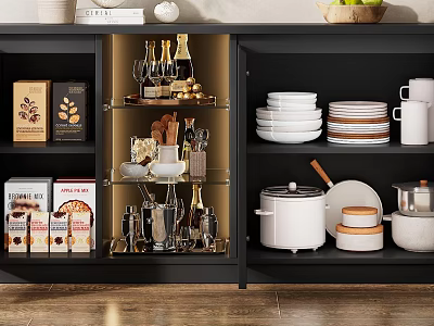 Black Kitchen Cabinet With Glass Door Organizing Cookware Dinnerware Plates And Bowls 3d model