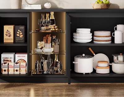 Black Kitchen Cabinet With Glass Door Organizing Cookware Dinnerware Plates And Bowls 3d model
