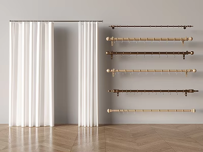 White Curtains And Various Curtain Rods With Different Designs On Wall 3d model