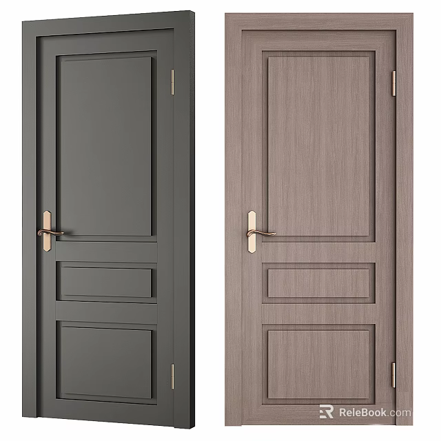 Modern Sleek Hinged Doors With Gray And Wooden Finishes Golden Handles And Rectangular Panels 3d model 
