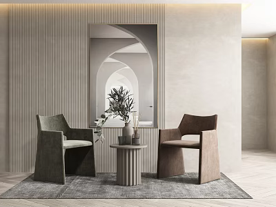 Modern Interior Table And Chair Set With Green Brown Chairs Cylindrical Table Mirror Carpet 3d model
