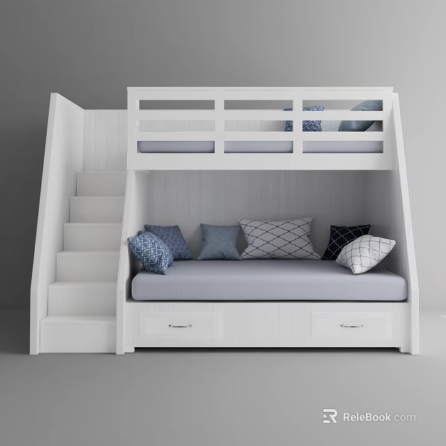 White Bunk Bed With Staircase Ladder Lower Mattress Storage Drawers And Pillows 3d model 