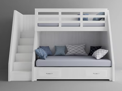 White Bunk Bed With Staircase Ladder Lower Mattress Storage Drawers And Pillows 3d model