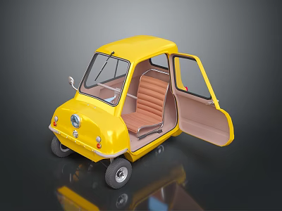 Yellow Cute Vintage Small Car With Open Door And Brown Seats 3d model