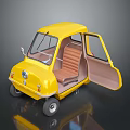 Yellow Cute Vintage Small Car With Open Door And Brown Seats