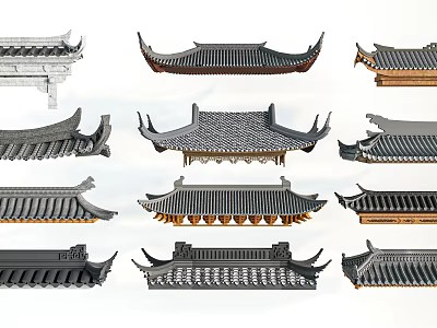 Traditional Chinese Architectural Roof Components With Various Eave Styles And Tile Designs 3d model