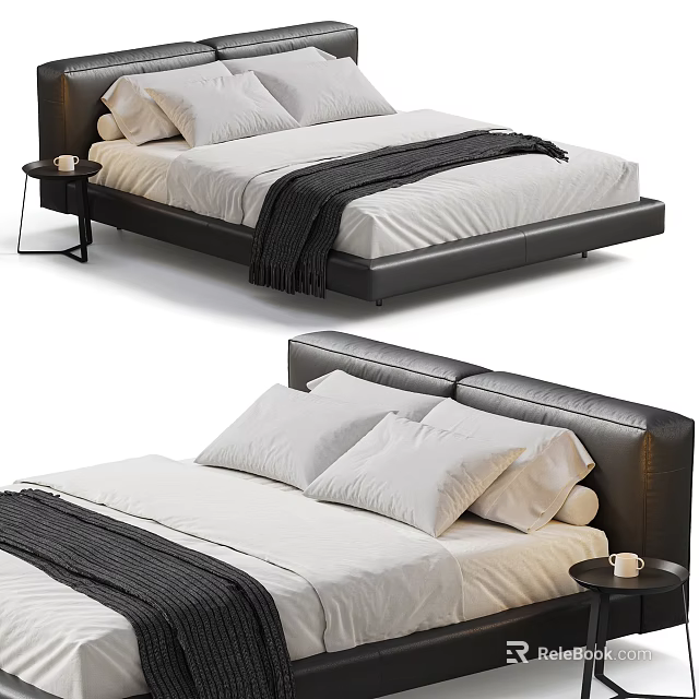 Double Bed with Leather Headboard White Sheets Pillows Dark Blanket Side Table and Candle 3d model