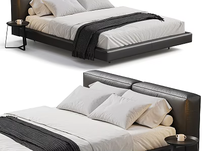 Double Bed with Leather Headboard White Sheets Pillows Dark Blanket Side Table and Candle 3d model