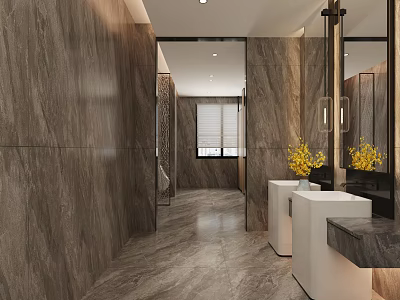 Modern Public Restroom Interior With Marble Walls Double Sinks Mirrors And Decorative Flowers 3d model