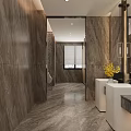 Modern Public Restroom Interior With Marble Walls Double Sinks Mirrors And Decorative Flowers