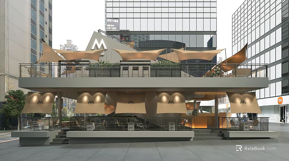 Modern Outdoor Café With Awnings Green Plants And Tall Buildings Backdrop 3d model 