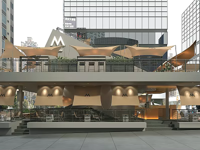 Modern Outdoor Café With Awnings Green Plants And Tall Buildings Backdrop 3d model