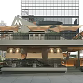 Modern Outdoor Café With Awnings Green Plants And Tall Buildings Backdrop