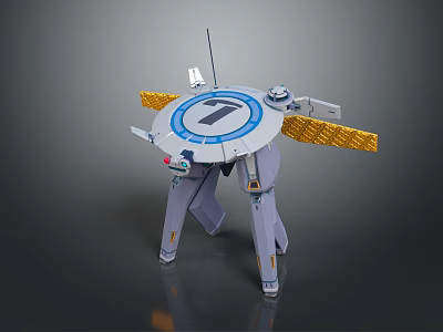 Mechanical Satellite Model With Circular Platform Number 7 Four Legs Yellow Panels And Antenna 3d model