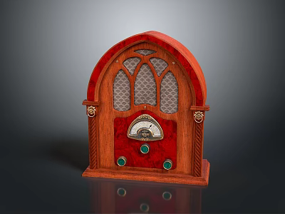 Vintage Headphone Speaker Featuring Red Wooden Case Arched Top Mesh Panel Dial And Green Buttons 3d model