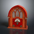 Vintage Headphone Speaker Featuring Red Wooden Case Arched Top Mesh Panel Dial And Green Buttons