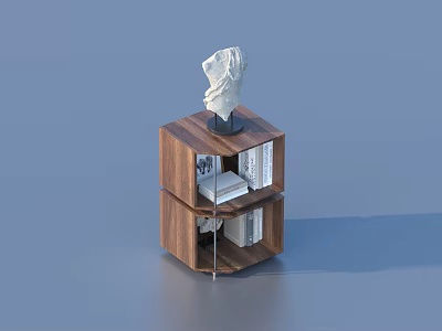 Wooden Hexagonal Storage Cabinet With Decorative White Sculpture On Top and Books In Lower Shelf 3d model