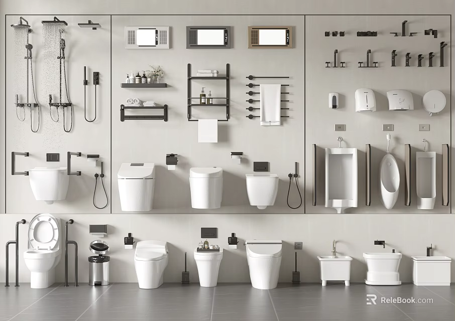 Modern Bathroom Sets With White Ceramic Toilets Sinks Showers And Black Metal Shelves 3d model 