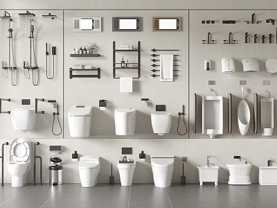 Modern Bathroom Sets With White Ceramic Toilets Sinks Showers And Black Metal Shelves 3d model