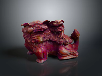 Traditional Chinese Red Stone Lion Sculpture With Intricate Carved Details 3d model
