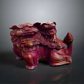 Traditional Chinese Red Stone Lion Sculpture With Intricate Carved Details