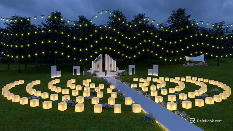 Nighttime Garden Landscape With String Lights Square Lanterns Pathway Leading To Archway 3d model 